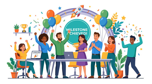 Team celebrating milestone achievement with trophies, confetti, and balloons against a rainbow arch