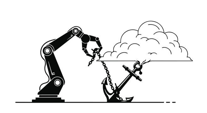 robot arm lifting anchor with chain and cloudy sky background