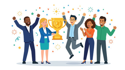 Fototapeta premium Teamwork Success: Diverse group celebrates victory with trophy & confetti