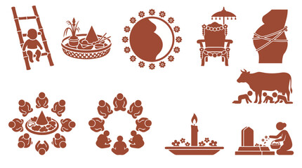 Obraz premium Collection of flat vector icons representing traditional life journey milestones, cultural ceremonies, spiritual rituals, and human development stages
