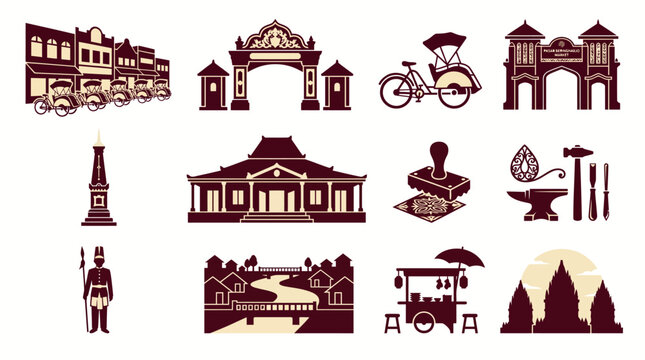 Flat vector icon set showcasing traditional Javanese culture, architecture, and iconic landmarks of Yogyakarta, Indonesia, for travel and heritage themes