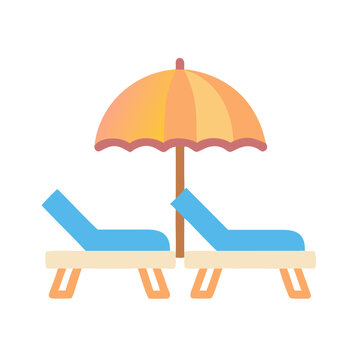 Two beach chairs under an umbrella flat vector illustration