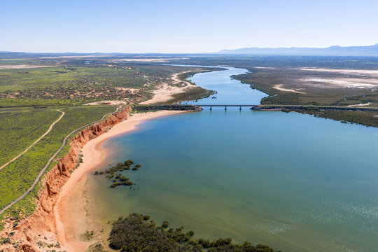 Red Cliff and Red Cliff Train Bridge. Port Augusta. South Australia.