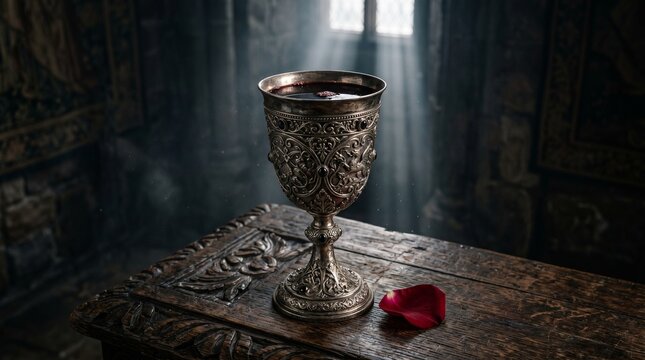 Antique silver goblet with red liquid and rose petal on a dark wooden table. Dark gothic fantasy background.