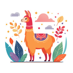 Fototapeta premium Cute llama illustration with plants and clouds