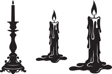 Fototapeta premium Black candle icons, burning wax, dripping candles, vector illustrations, 3 melting candles