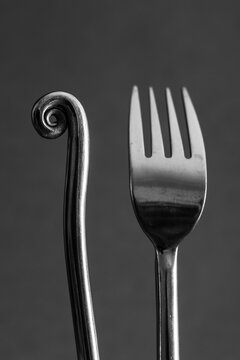 Metal fork and twisted metal stick placed side by side 