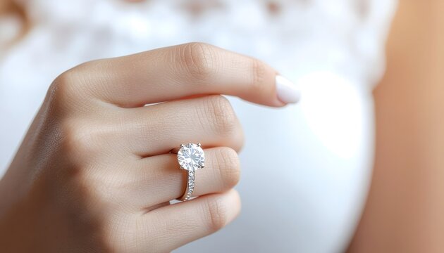 Close-up of a woman wearing a luxury diamond engagement ring on her finger with a blurred white dress background, representing marriage, elegant jewelry, and romance concept.