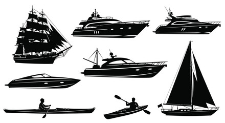 Collection Of Watercraft Silhouettes Including Sailing Ship And Motor Yachts Silhouette © Rita