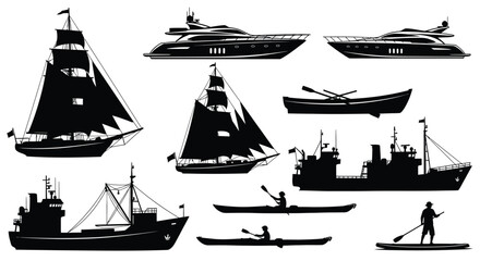 Collection Of Watercraft Silhouettes In Black And White Silhouette © Rita