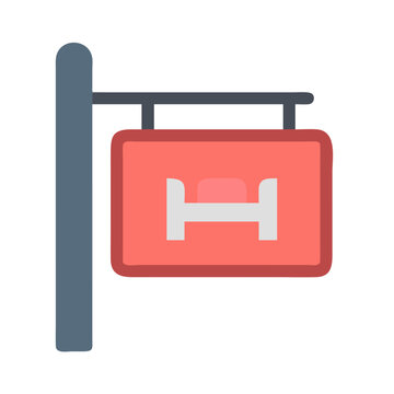 Hotel sign illustration in flat design with bed icon