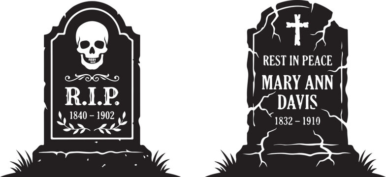 Halloween tombstones, graveyard vector icons, RIP skull and cross headstones, spooky grave markers