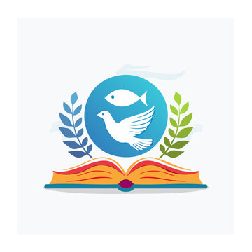 Dove and Fish Symbol on Open Book with Laurel Wreath