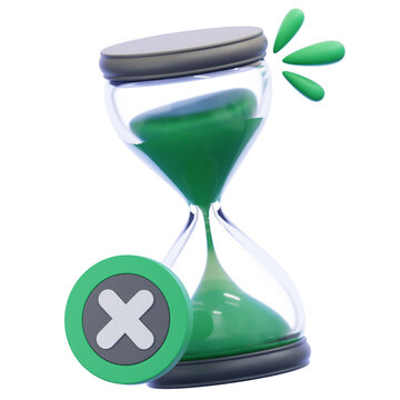 Hourglass icon with green liquid and a bold cross mark, representing a critical system timeout, process failure, or an expired operation requiring immediate attention