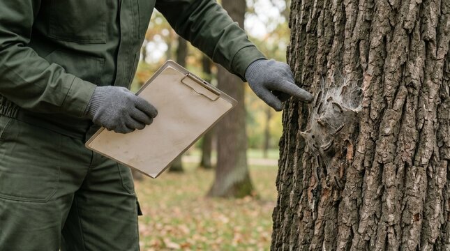 Arborist Inspecting Oak Processionary Infestation on Park Tree Trunk