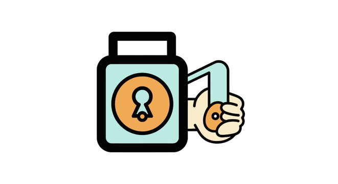 Flat vector icon of a hand turning the handle of a secure safe box or lockbox with keyhole