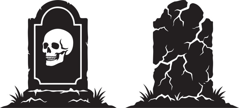 Black silhouette vector tombstones, grave markers, skull symbol icons, cracked stone cracked stone, spooky graveyard elements.