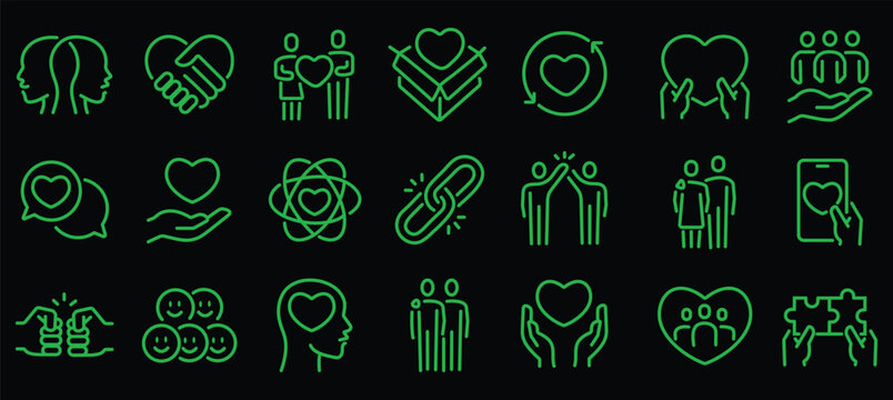 Love, friendship, care and charity concept editable stroke outline icons set isolated on white background flat vector illustration. Pixel perfect. 64 x 64.