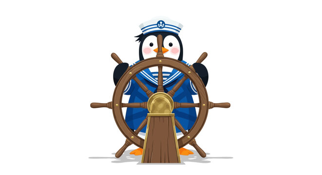 Cute Penguin Sailor at Ship Wheel, Nautical Theme