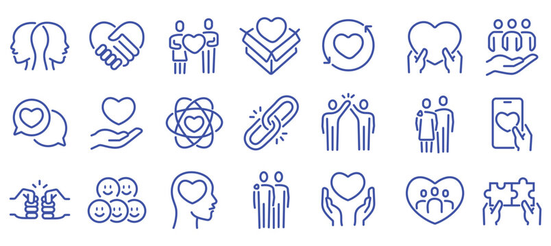 Love, friendship, care and charity concept editable stroke outline icons set isolated on white background flat vector illustration. Pixel perfect. 64 x 64.