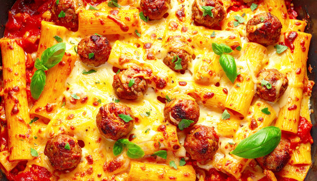 Cheesy baked ziti and meatballs, top view, full frame. AI