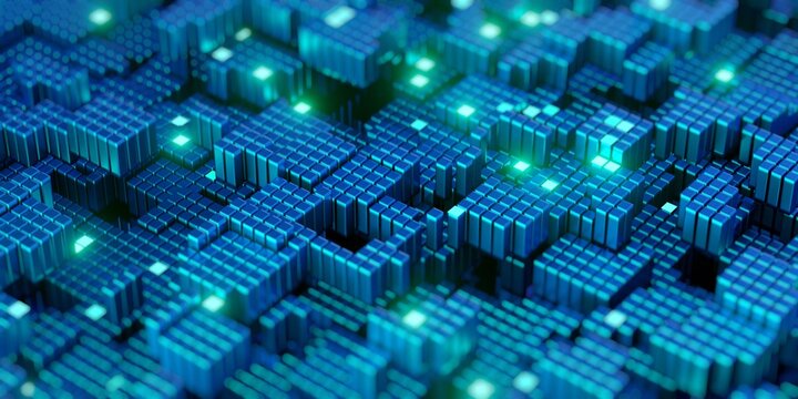 Futuristic Data Blocks with Glowing Nodes in 3D Matrix