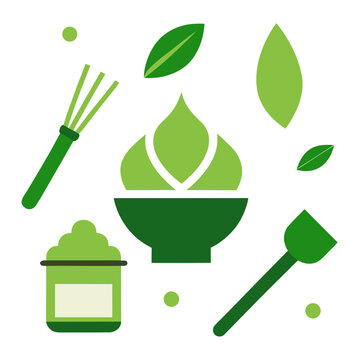 Flat vector illustration set featuring organic matcha green tea powder whisk bowl and leaves isolated on a clean white background design