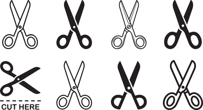 Set of 8 Scissors Icons, Black and White Vector Illustrations, Cutting Tools, Office Supplies, Stationery