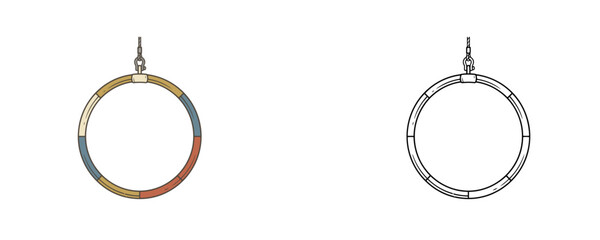 Acrobatic aerial hoop vector illustration in flat colored and black line cartoon styles isolated on white background for circus performance or gymnastics design © Dzianis