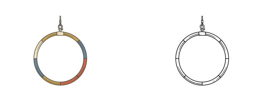Acrobatic aerial hoop vector illustration in flat colored and black line cartoon styles isolated on white background for circus performance or gymnastics design