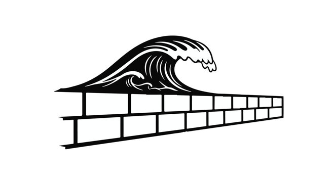 black and white wave crashing over brick wall illustration