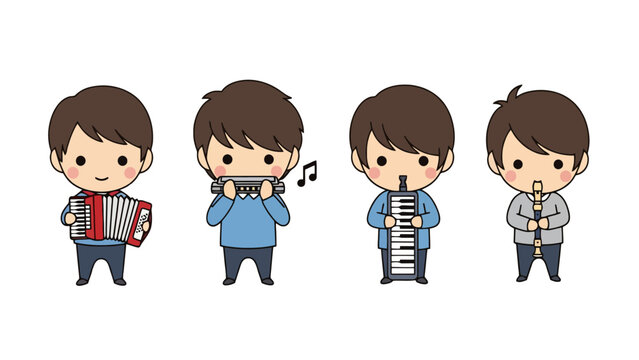 A group of talented young musicians performing musical compositions while playing accordion harmonica melodica and recorder flute instruments for their upcoming school concert show in a festive