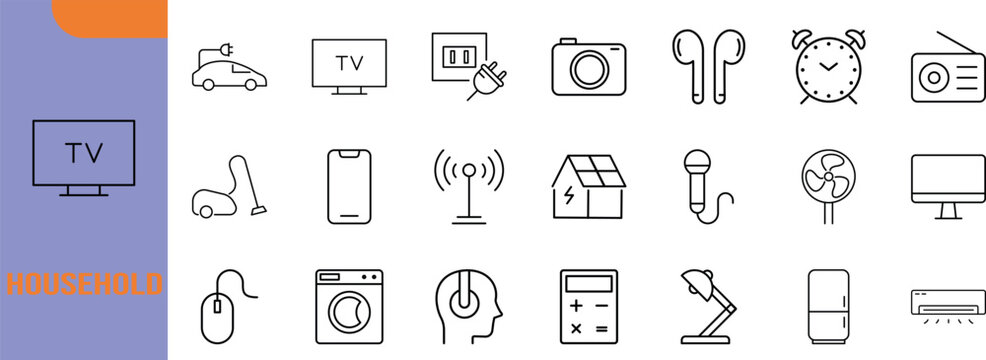 Household electronics appliances vector set. tv icon set, smartphone icon set, washing machine icon set
