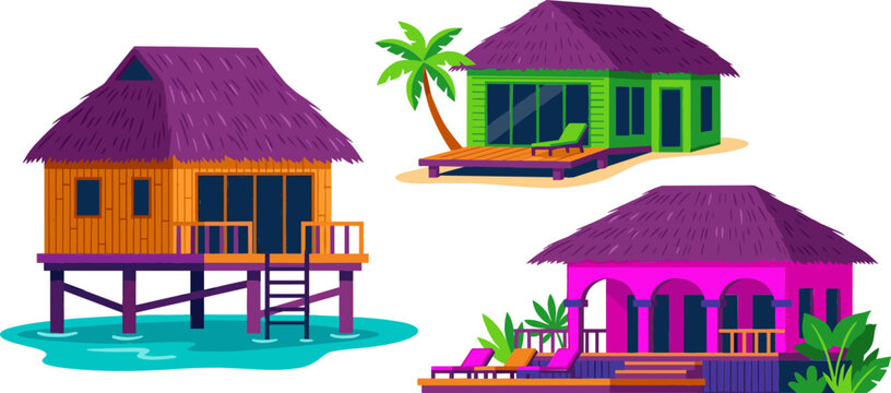 Tropical Beach Resort Bungalow Vector Set Featuring Luxury Overwater Villas Stilt Houses and Summer Island Thatched Roof Cabins for Travel Graphic Designs