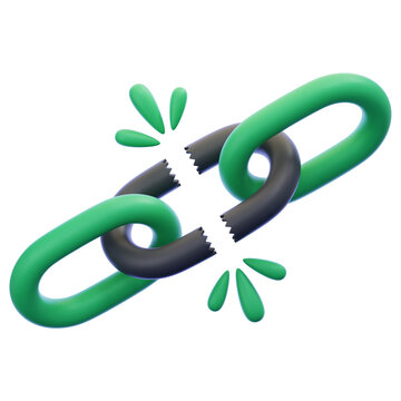 Vivid 3D rendering of a digital chain link shattering, symbolizing a critical connection error, network failure, or a security breach. Illustrates a disconnect or data link interruption