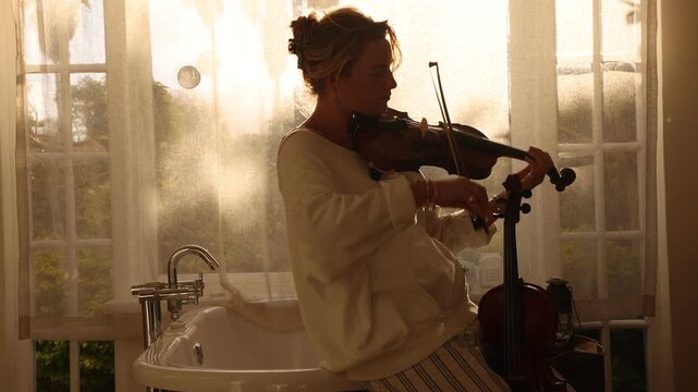 beautiful young woman playing violin in bathroom at sunset