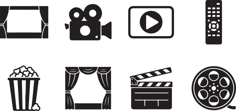 Film, cinema, movie icons, black, vector graphics, 8 elements, play, clapperboard