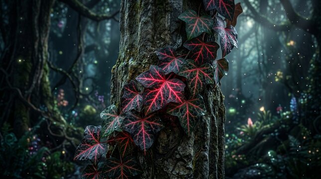 Dark ivy leaves with glowing crimson veins on stone pillar. Enchanted gothic forest background.