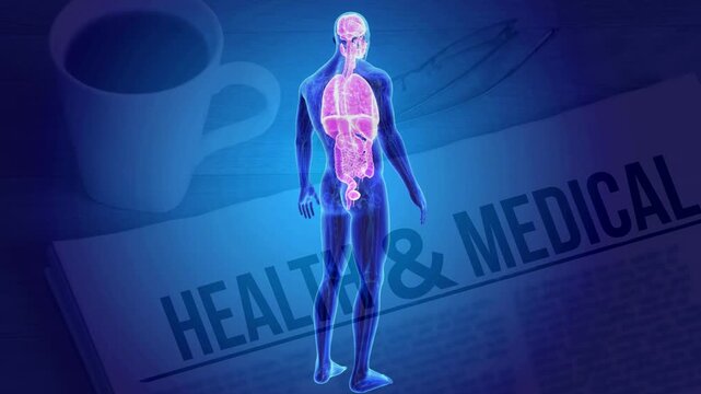 3D transparent human body anatomy animation with purple glowing internal organs, set against a desk background with a coffee cup, glasses, and a "HEALTH & MEDICAL" newspaper. Health news concept.