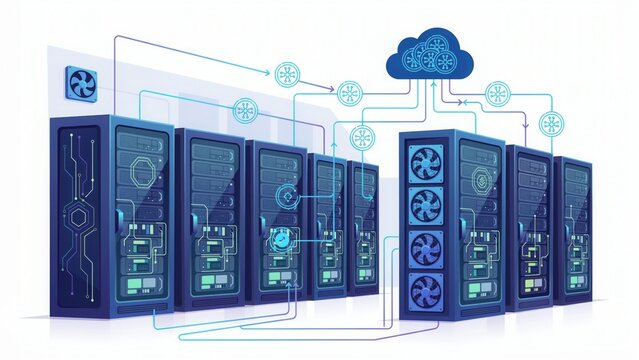Modern computer server racks connected to a digital cloud network for data storage