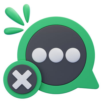 Vibrant 3D icon depicting a chat message bubble with ellipses and a cross mark, symbolizing a communication error, unsent content, or digital service disruption