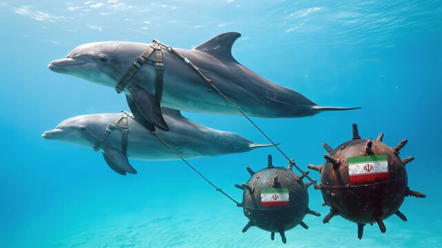 Trained dolphins towing Iranian naval mines underwater. Military concept of aquatic animal deployment for maritime defense. Panning camera shot.
