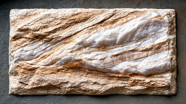 Close up view of natural sandstone texture with layered beige and white geological