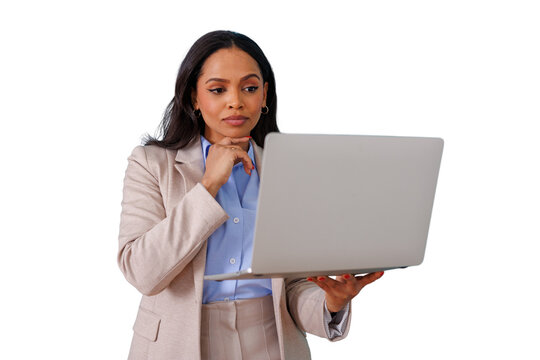 Businesswoman looking at laptop holding chin, thinking intently about problem solving and new ideas, transparent background