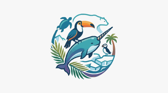 Blue and orange parrot perched on green leaves.