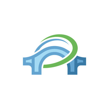 Blue bridge logo with looping green swoosh line.