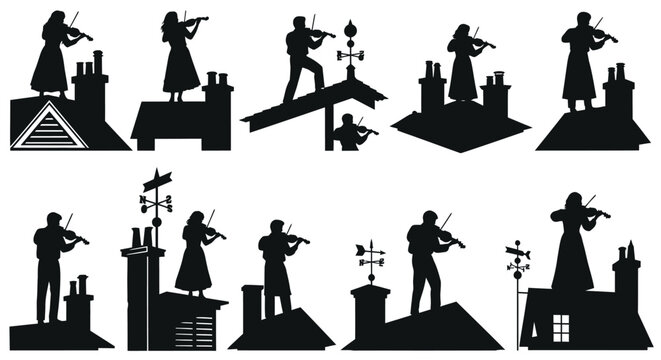 Violinists On Rooftops And Chimneys Black Silhouette