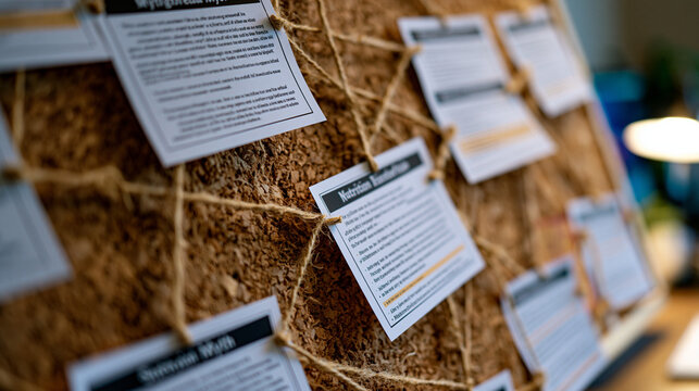 Close-up of a nutrition misinformation flowchart pinned to a corkboard in a registered dietitian office, each myth connected by string to a printed peer-reviewed rebuttal, the methodical visual layo