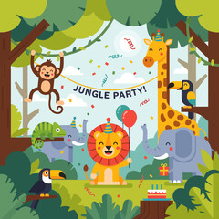 Naklejka premium Jungle Party Fun: Animals Celebrate with Confetti, Balloons, and Cake