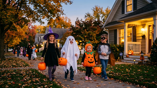 Three children dressed in halloween costumes, a witch, a ghost, and a pumpkin, walking along a suburban sidewalk at dusk during trick or treat